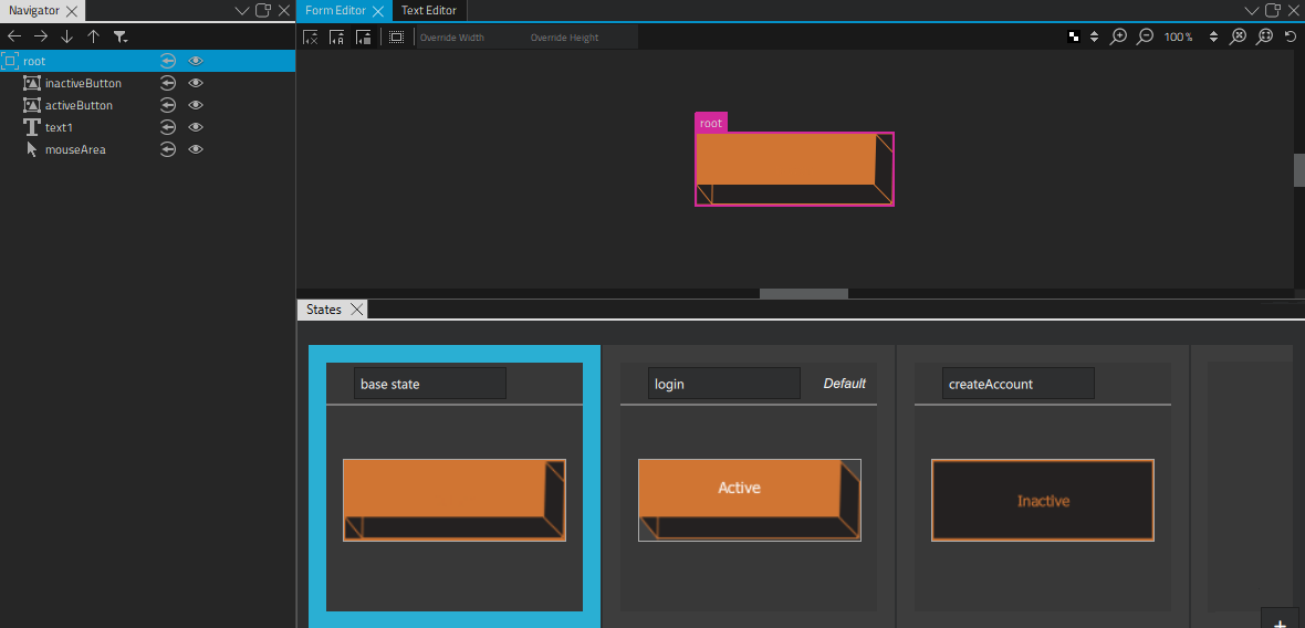 Button component in the 2D and States views