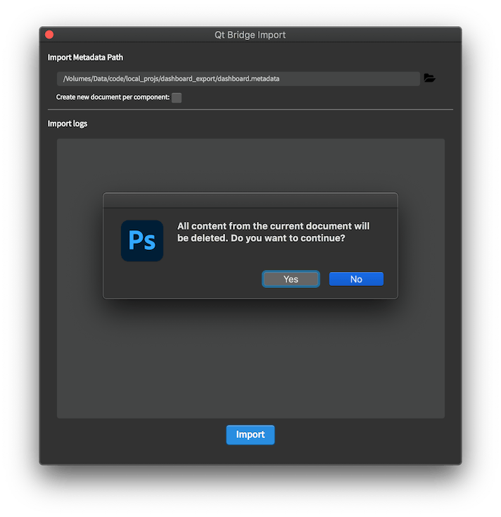 An import warning in the Qt Bridge import dialog.