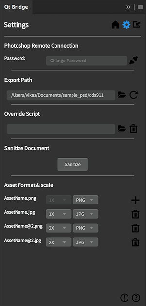 The Qt Bridge for Photoshop settings window in Adobe Photoshop.