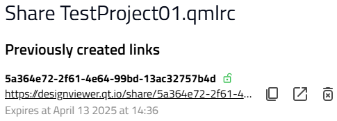 Generated link after sharing the application from Qt Design Viewer.