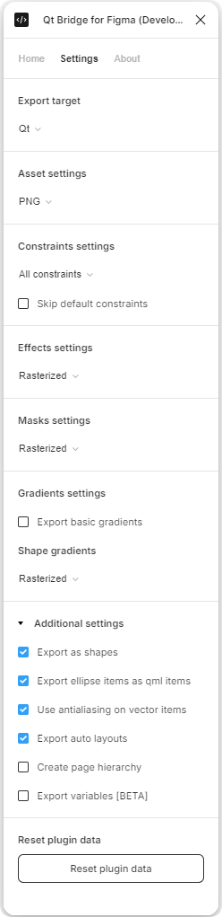 The Qt Bridge for Figma settings window in Figma.