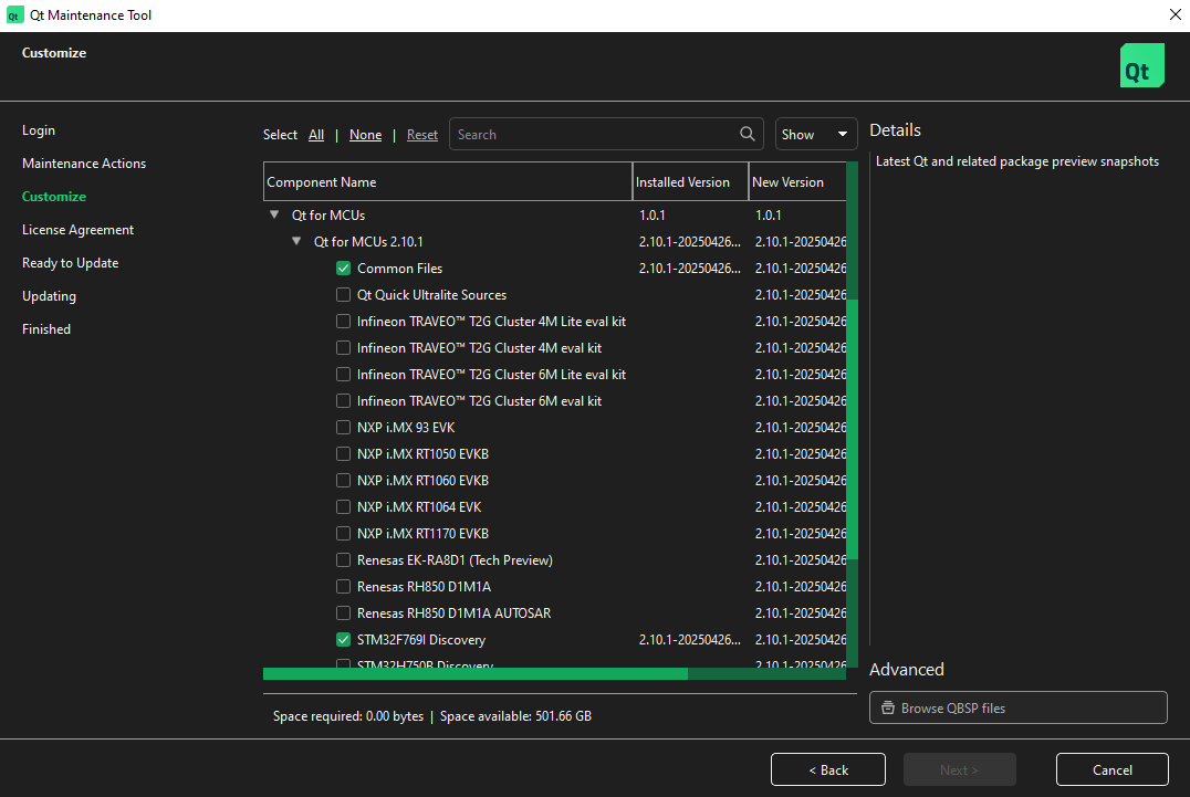 MCU kits in Qt Maintenance tool.