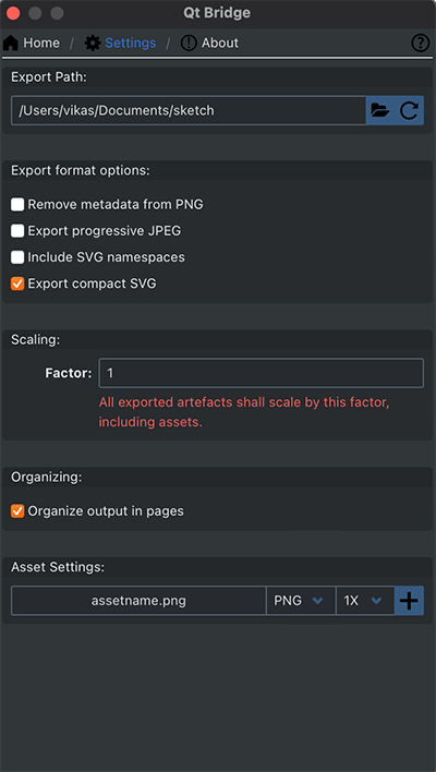 Qt Bridge for Sketch export settings with export path and asset format specified.