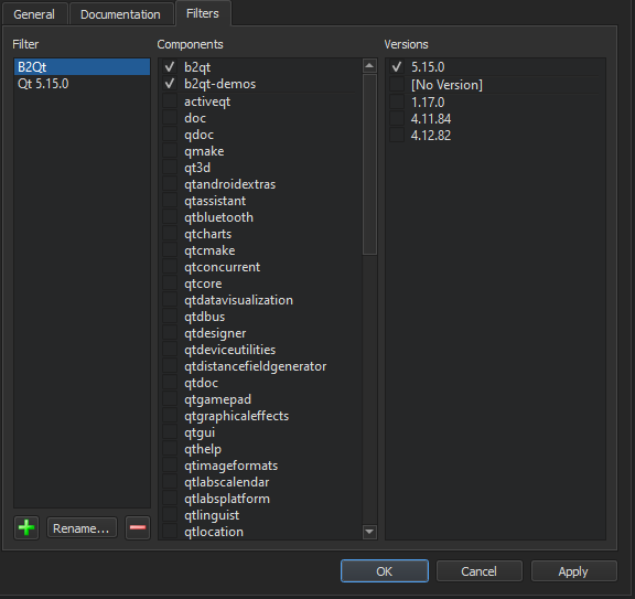 Filters tab in Help preferences