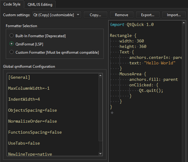 qmlformatter preferences in the Code Style tab in Qt Quick preferences