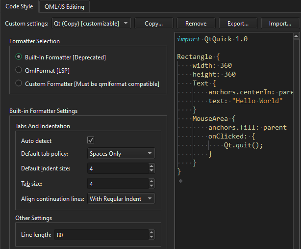 Code Style tab in Qt Quick preferences