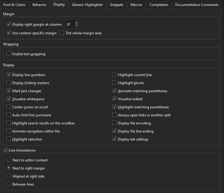 Display tab Text Editor preferences