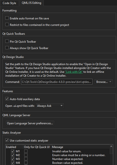 QML/JS Editing tab in Qt Quick preferences