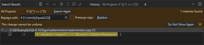 Search results when searching and replacing