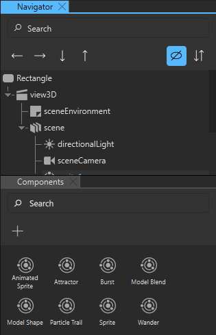 The particle system template components in the Component view.