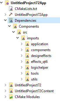 The Dependencies folder with all the exclusive Qt Design Studio components after CMake generation.