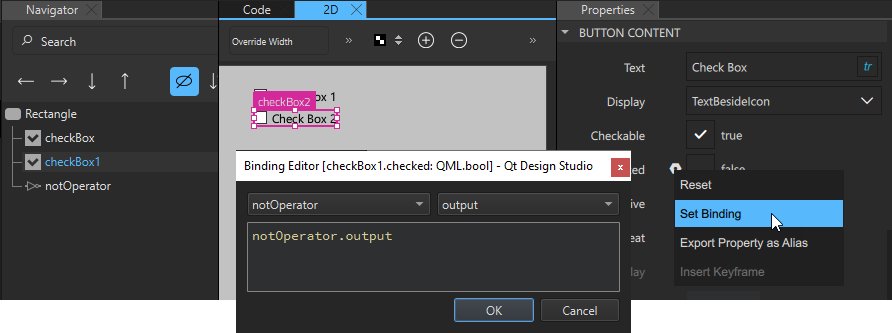 Check box checked property bound to NOT operator output