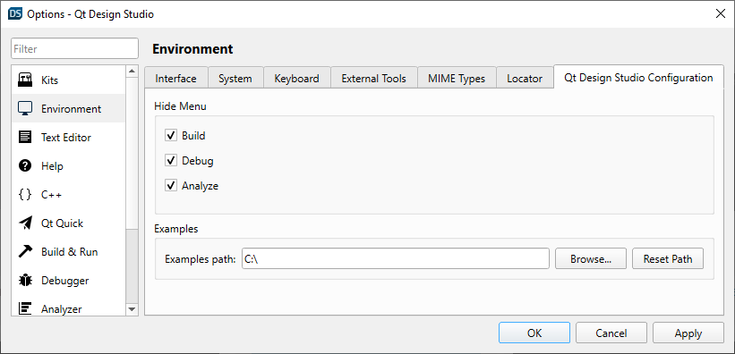 Setting the visibility of advanced menu items the Qt Design Studio Configuration tab.