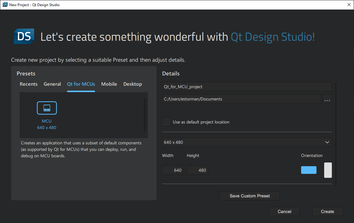 The Qt for MCU preset on the Qt Design Studio Welcome page.