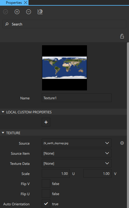 Texture properties in the Properties view.