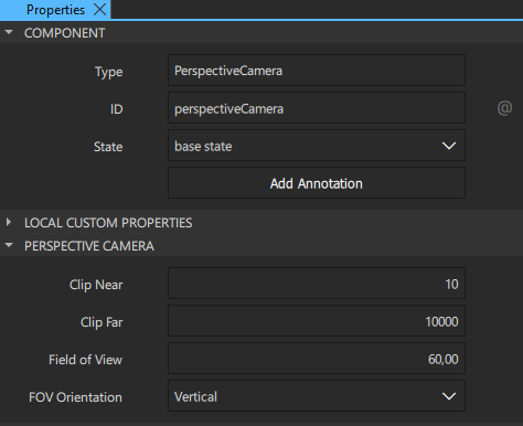 Properties view for Perspective Camera