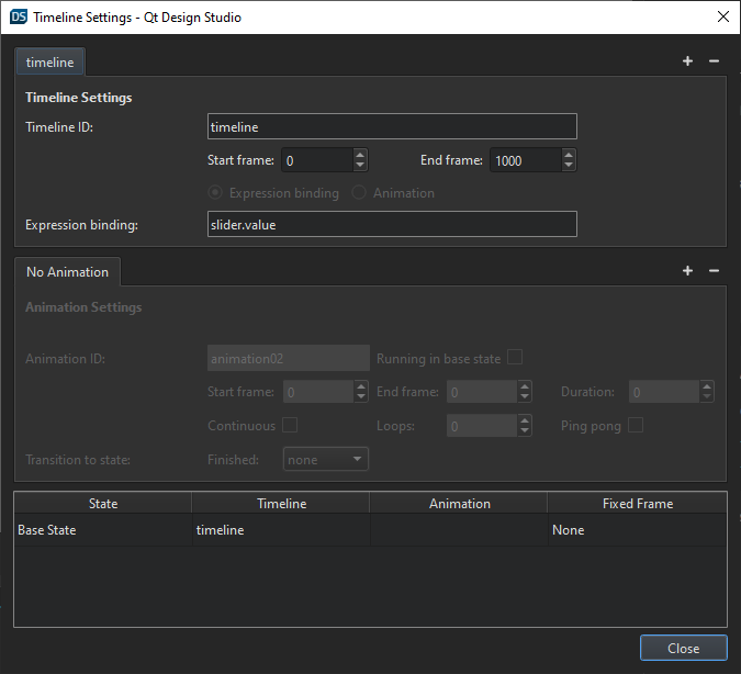 Expression binding set to slider.value in the Timeline Settings dialog.