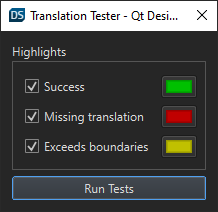 The Translation Tester dialog with all highlights selected.
