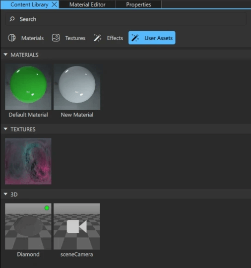 The User Assets tab in the Content Library view.