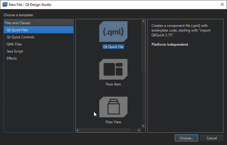 Creating a new page using the Qt Quick File wizard template.