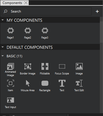The newly created pages in My Components in the Components view.