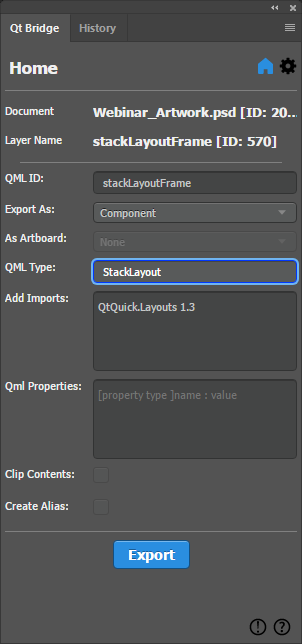 Settings for exporting stackLayout artboard