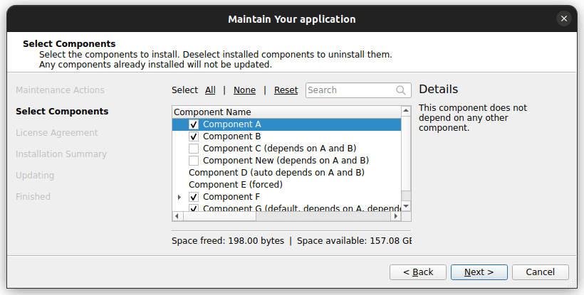 Component selection page