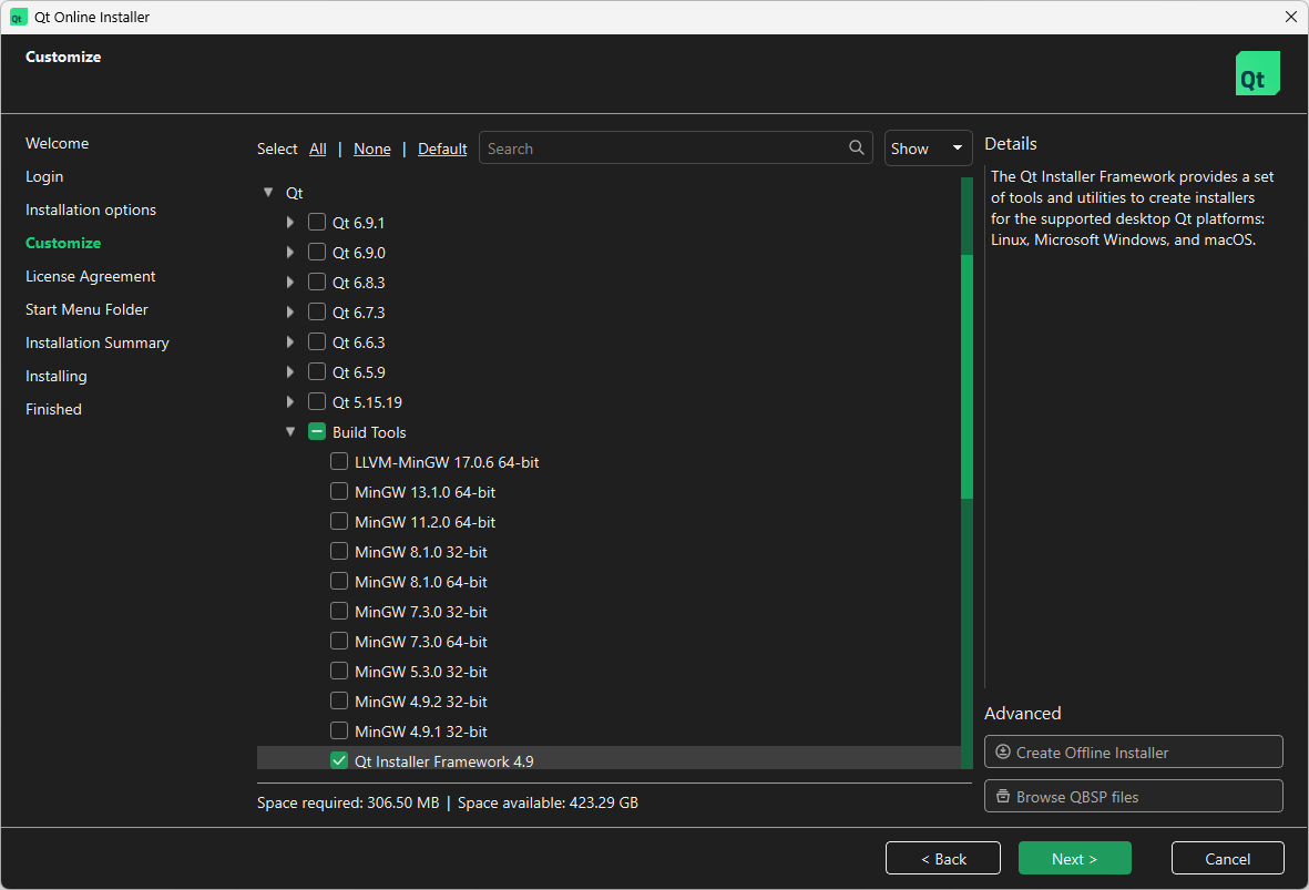 Installing with Qt Online Installer