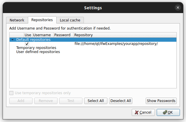 Repositories tab on Settings page