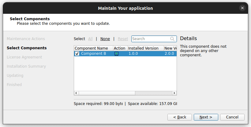 Component selection page