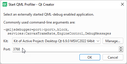 Qt Creator Start QML Profiler dialog