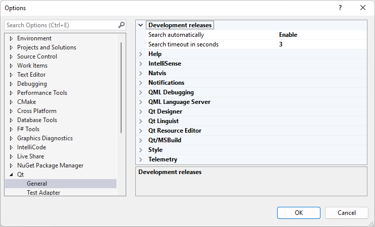 Development releases in Qt General Options