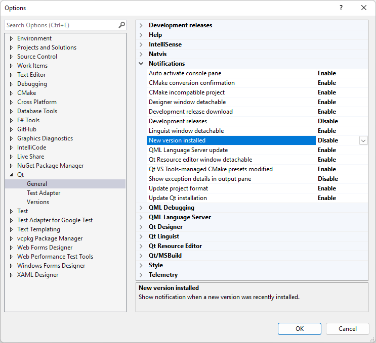 Notifications in Qt General Options