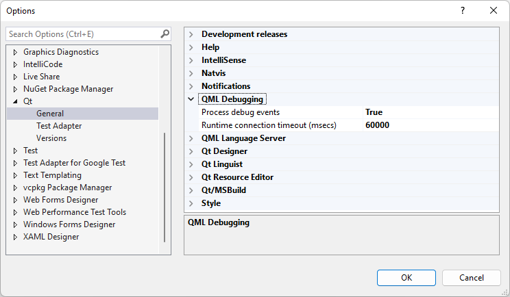 QML Debugging in Qt General Options