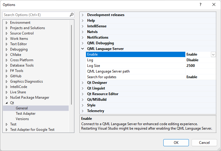 QML Language Server in Qt General Options