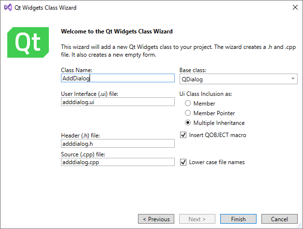 Creating a class in Qt Widgets Class Wizard