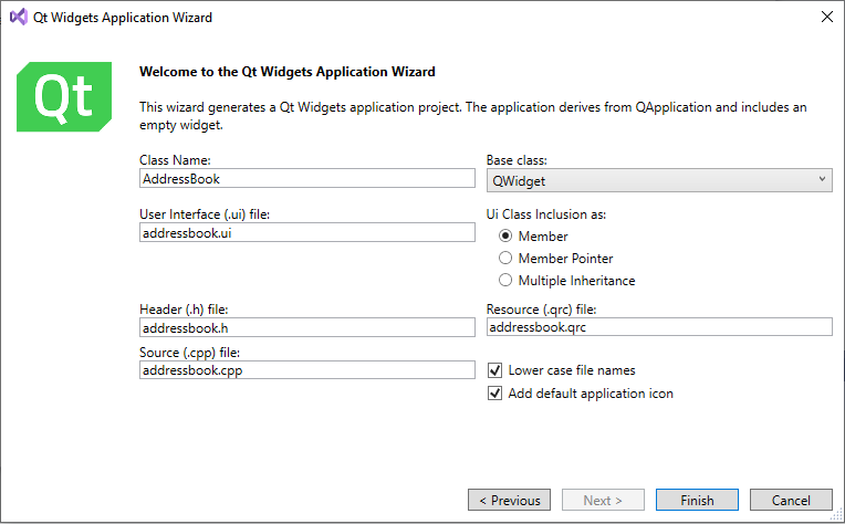 Creating a class in Qt Widgets Application Wizard