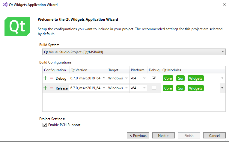 Selecting Qt modules in Qt Widgets Application Wizard