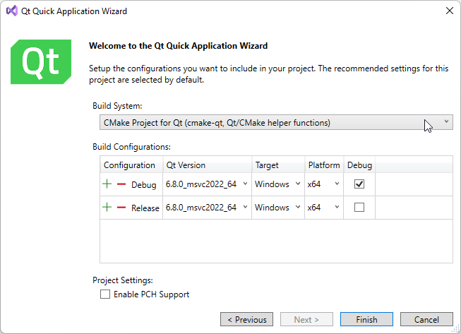 Selecting CMake in the application wizard