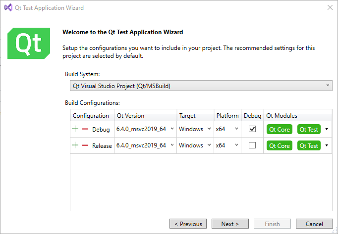 Selecting Qt modules in Qt Test Application Wizard