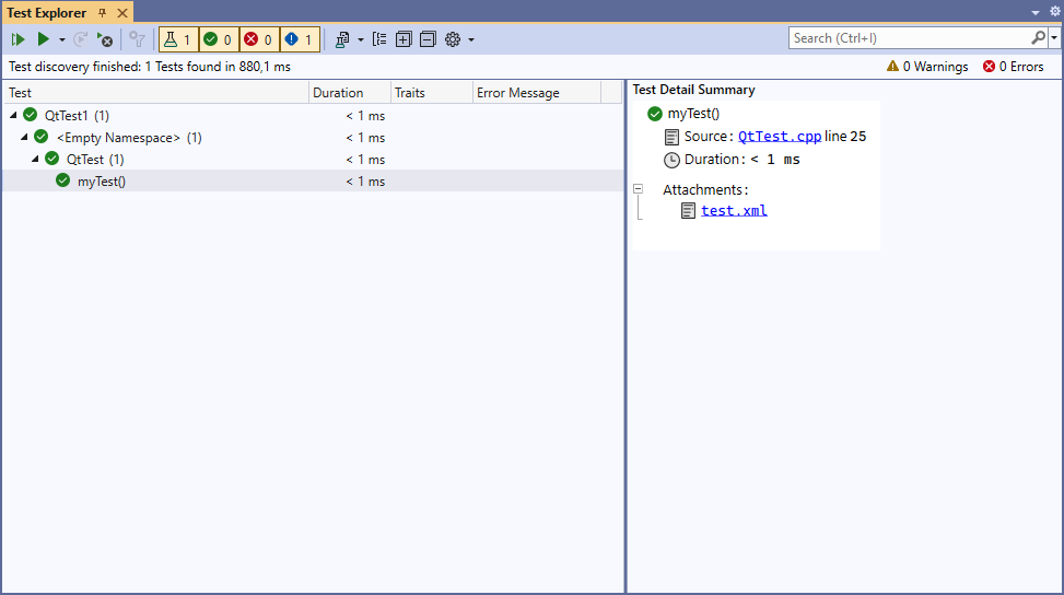 Test results in Unit Test Explorer