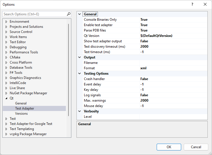 Test Adapter in Qt Options