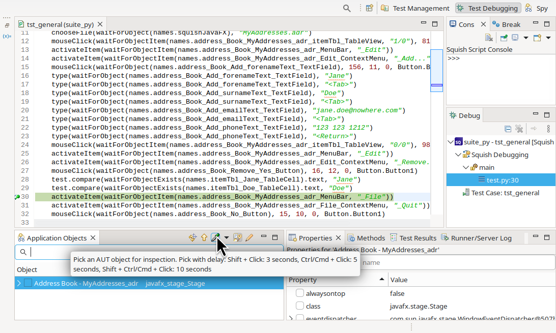 Squish Stopped at a breakpoint in Debug Perspective