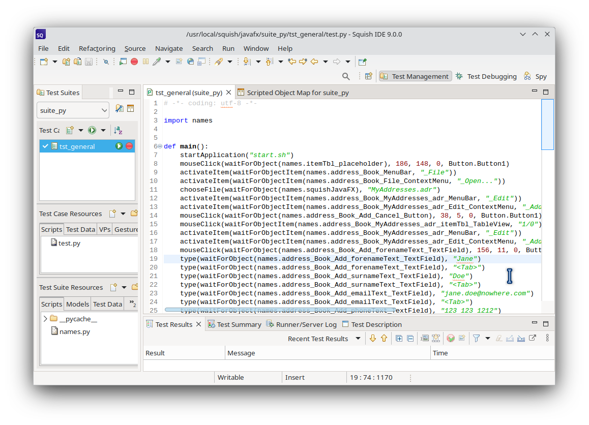 The Squish IDE showing the recorded tst_general test