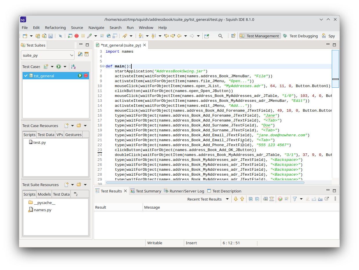 "The Squish IDE showing recorded scriptified verifications"
