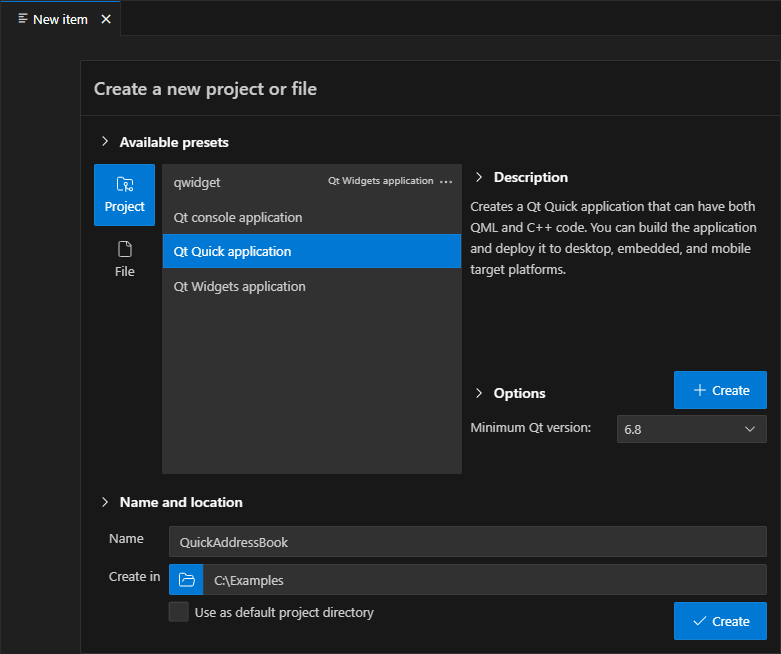 {A Qt Quick application in the New item view}
