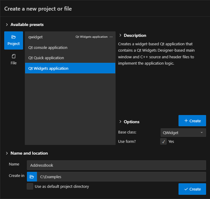 {Create a new project or file}