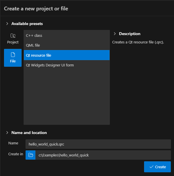 {Qt resource file selected in the New item view}