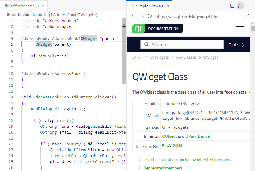{Qt documentation opened in Simple Browser}